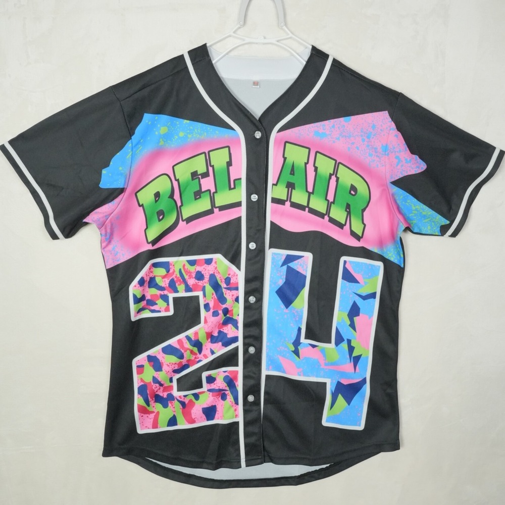 Bel Air 24 Baseball Jersey Mens XXL Black Neon‎ 90s Retro Graphic Mesh Button Up